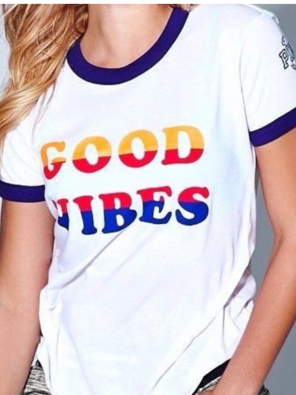 Victorias Secret PINk: Good Vibes White Ringer Tee with Navy Trim